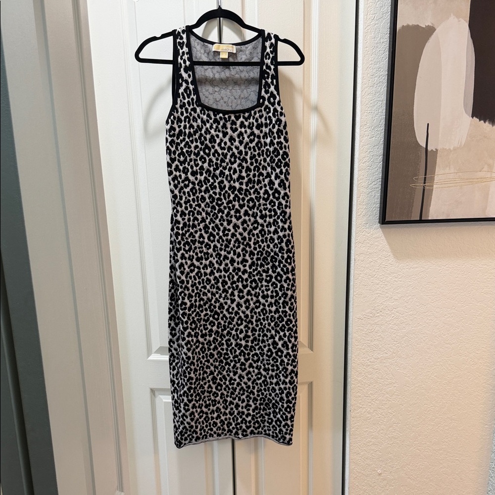 Michael Kors Black and White Animal Print Midi Dress